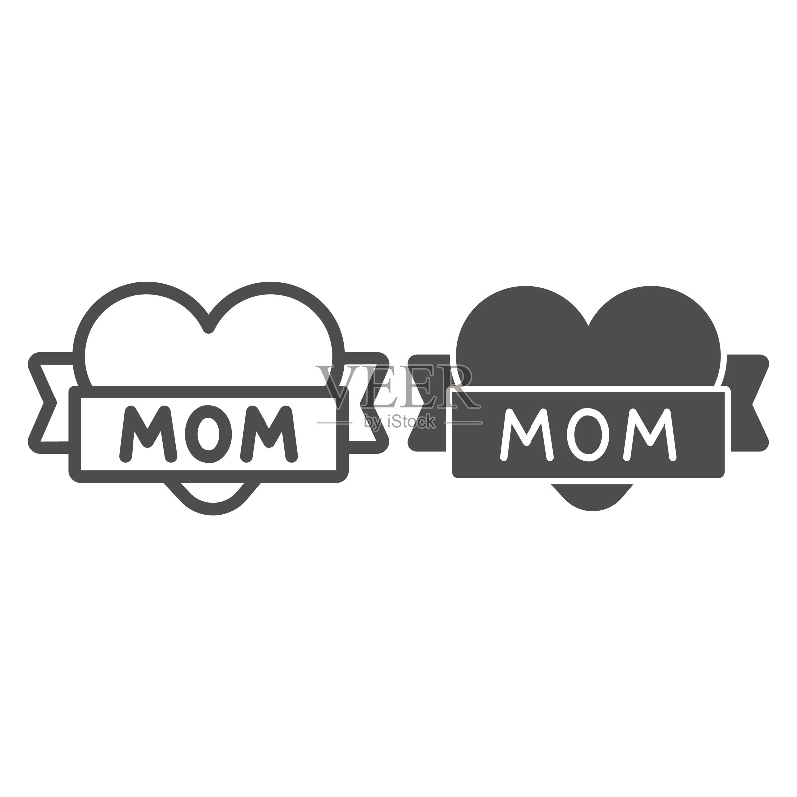 心和丝带与题字妈妈线和固体图标，母亲节的概念，祝贺母亲节的标志在白色的背景，母亲节节日标签图标的轮廓风格。矢量图形。图标素材