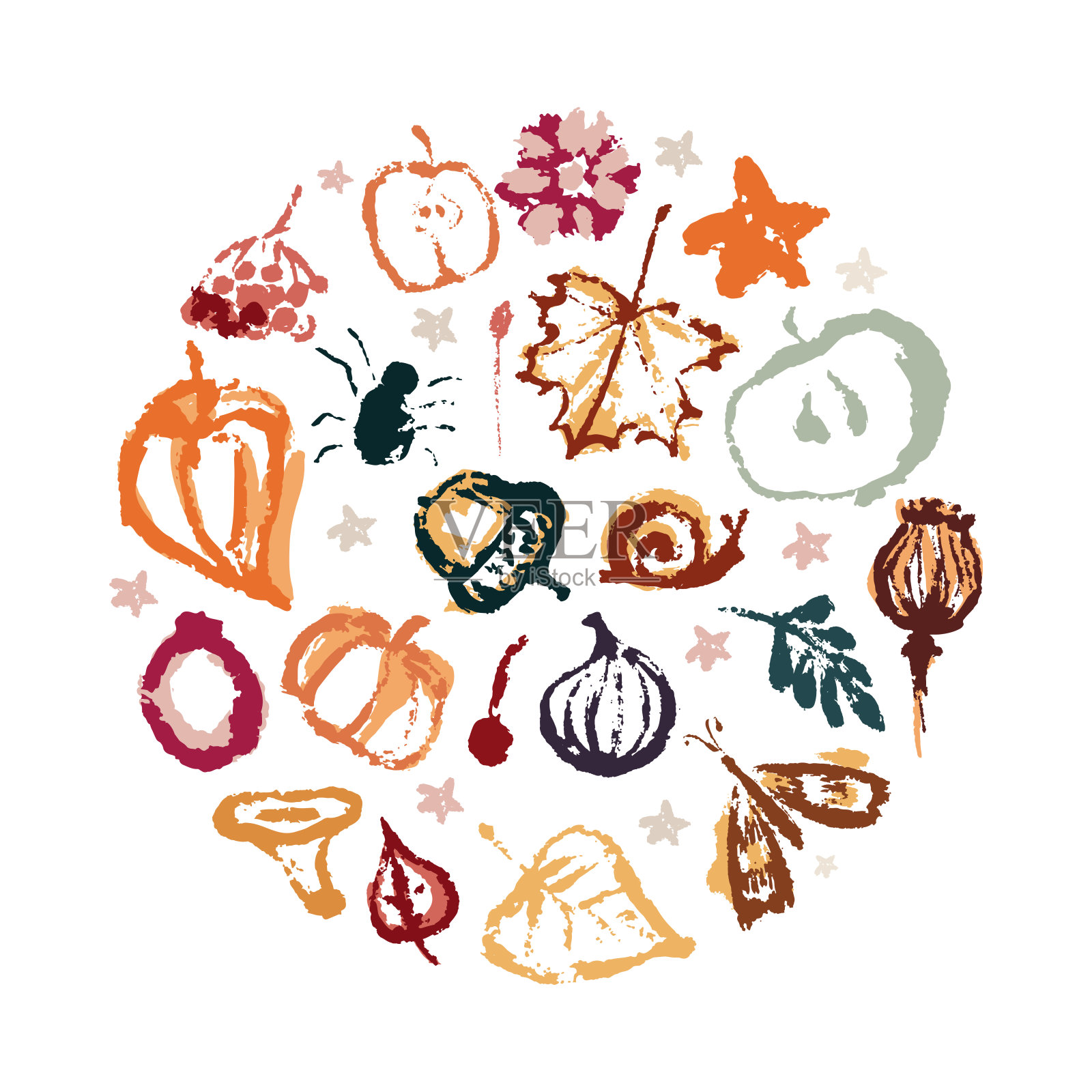 手绘抽象元素的秋季季节。暖色，时尚的树叶，蘑菇，球果，浆果的组合。秋天的心情，舒适的秋天和最小的设计。插画图片素材