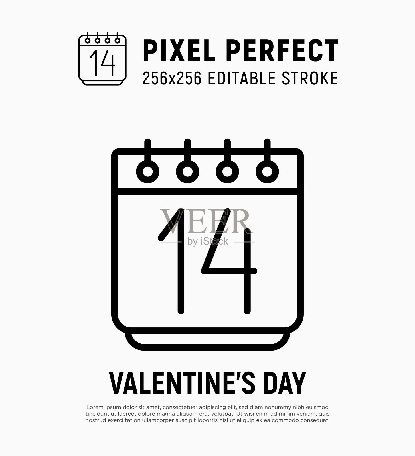 日历上有2月14日情人节。细线图标。像素完美，可编辑的笔触。矢量插图。插画图片素材