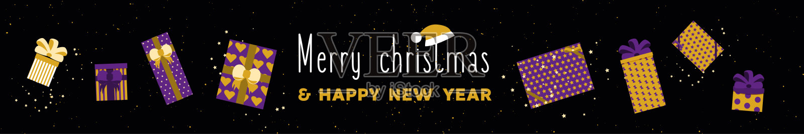 暗网旗帜。五彩缤纷的紫色和金色图案礼盒带和蝴蝶结的圣诞假期插画图片素材