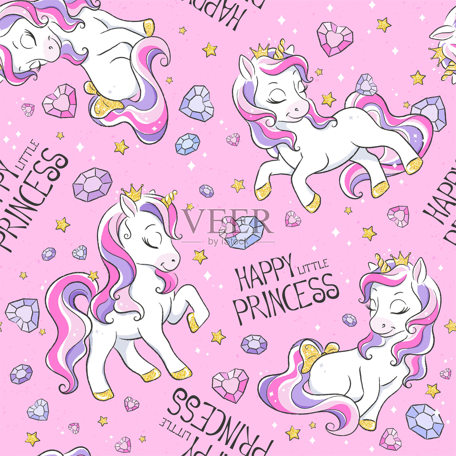 艺术。无缝独角兽图案上的粉色背景。时尚插图印花在现代风格的衣服和面料。插画图片素材