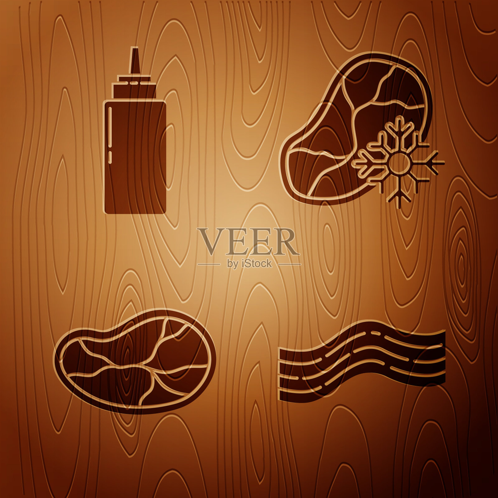 设置培根条纹酱瓶牛排肉和图标素材