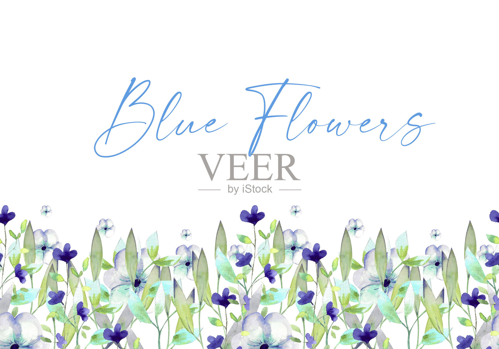 水彩插图。无缝的蓝色图案，蓝色的花朵和绿色植物的形状的边界。从植物区系元素无缝线。插画图片素材