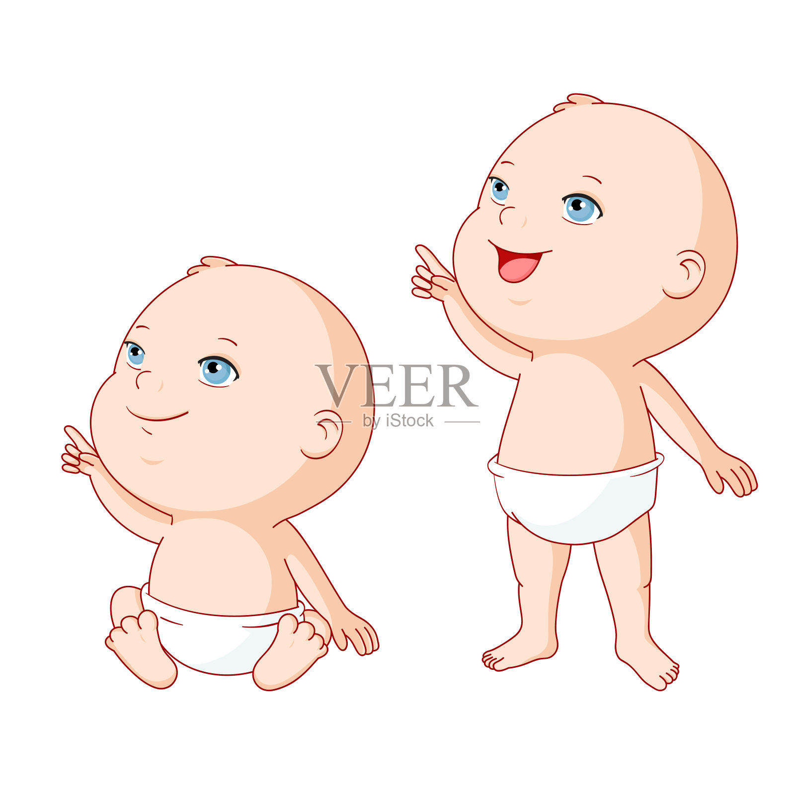 一组可爱的穿着尿布的白人小婴儿抬头看设计元素图片