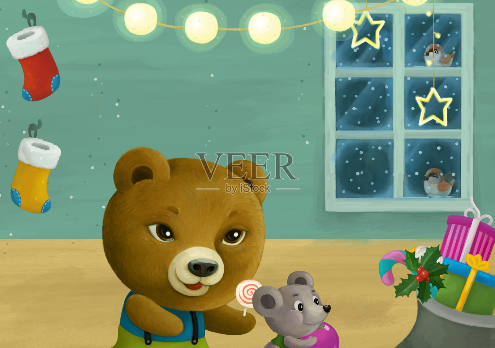 卡通场景与动物圣诞老人熊与礼物圣诞插图插画图片素材