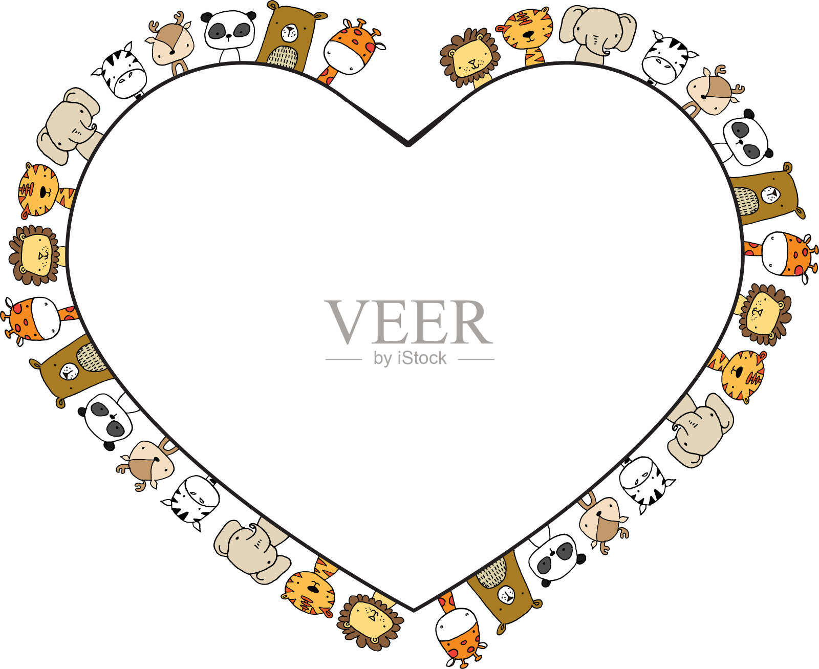 矢量卡通心形设计与动物、狮子、独角兽、熊、长颈鹿插画图片素材