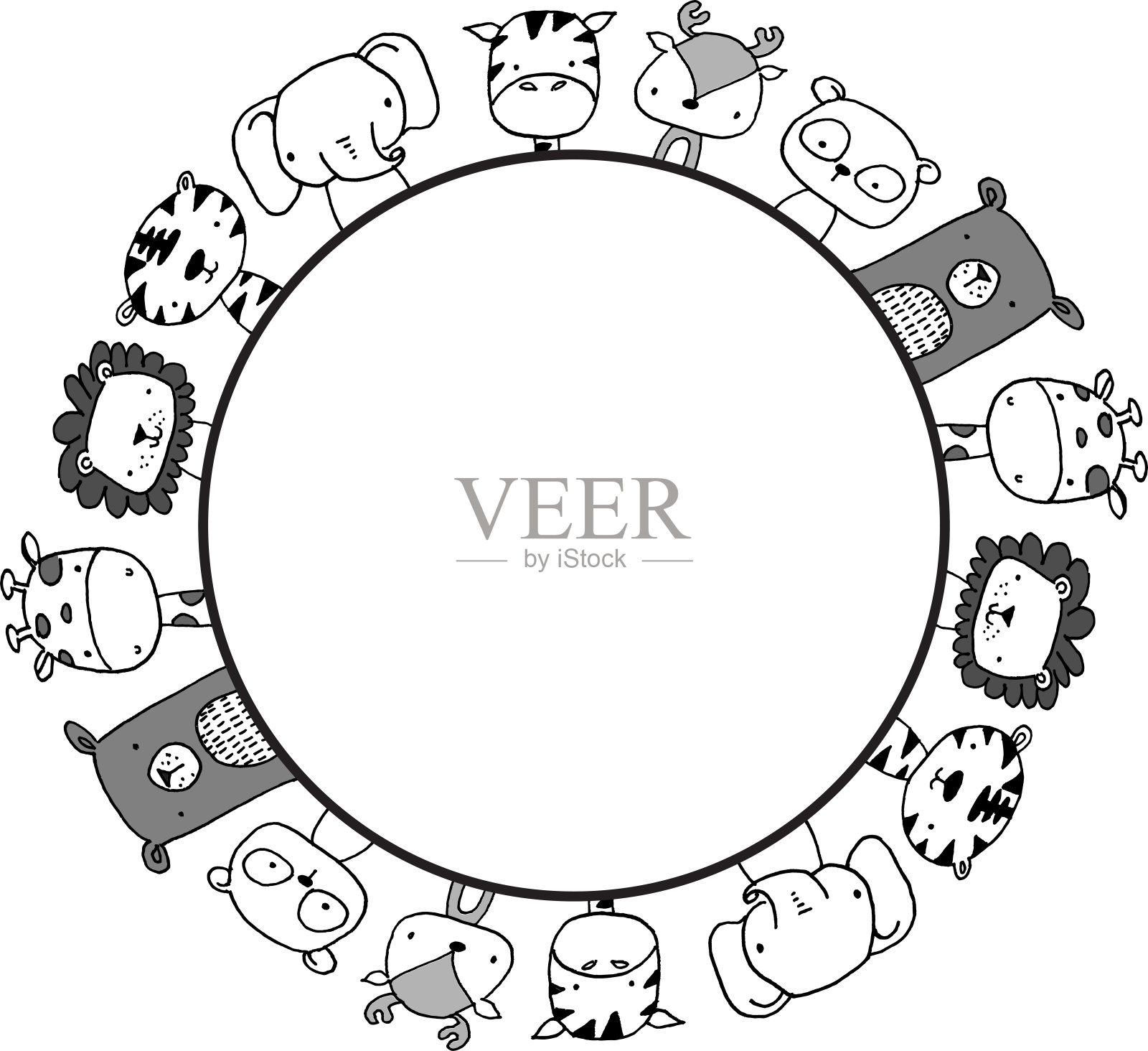 矢量卡通动物，狮子，独角兽，熊，长颈鹿边界背景插画图片素材