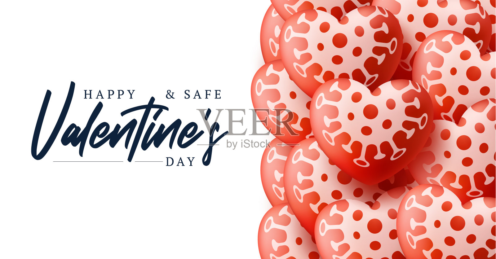 快乐和安全的情人节销售背景与气球心形图案。Loce和covid冠状病毒概念矢量插图。墙纸，传单，邀请函，海报，宣传册，横幅插画图片素材