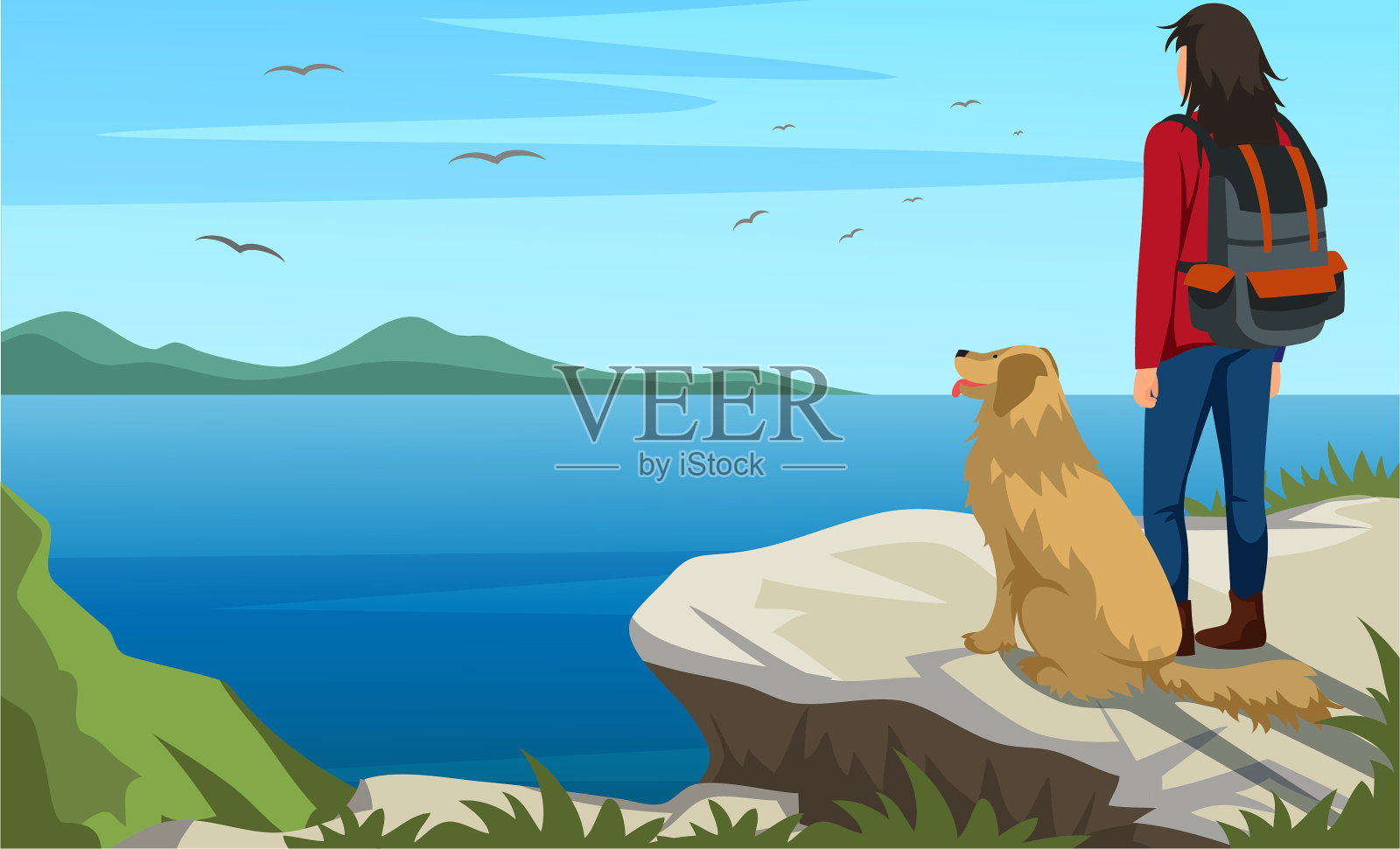 女人和狗在上面看水面插画图片素材