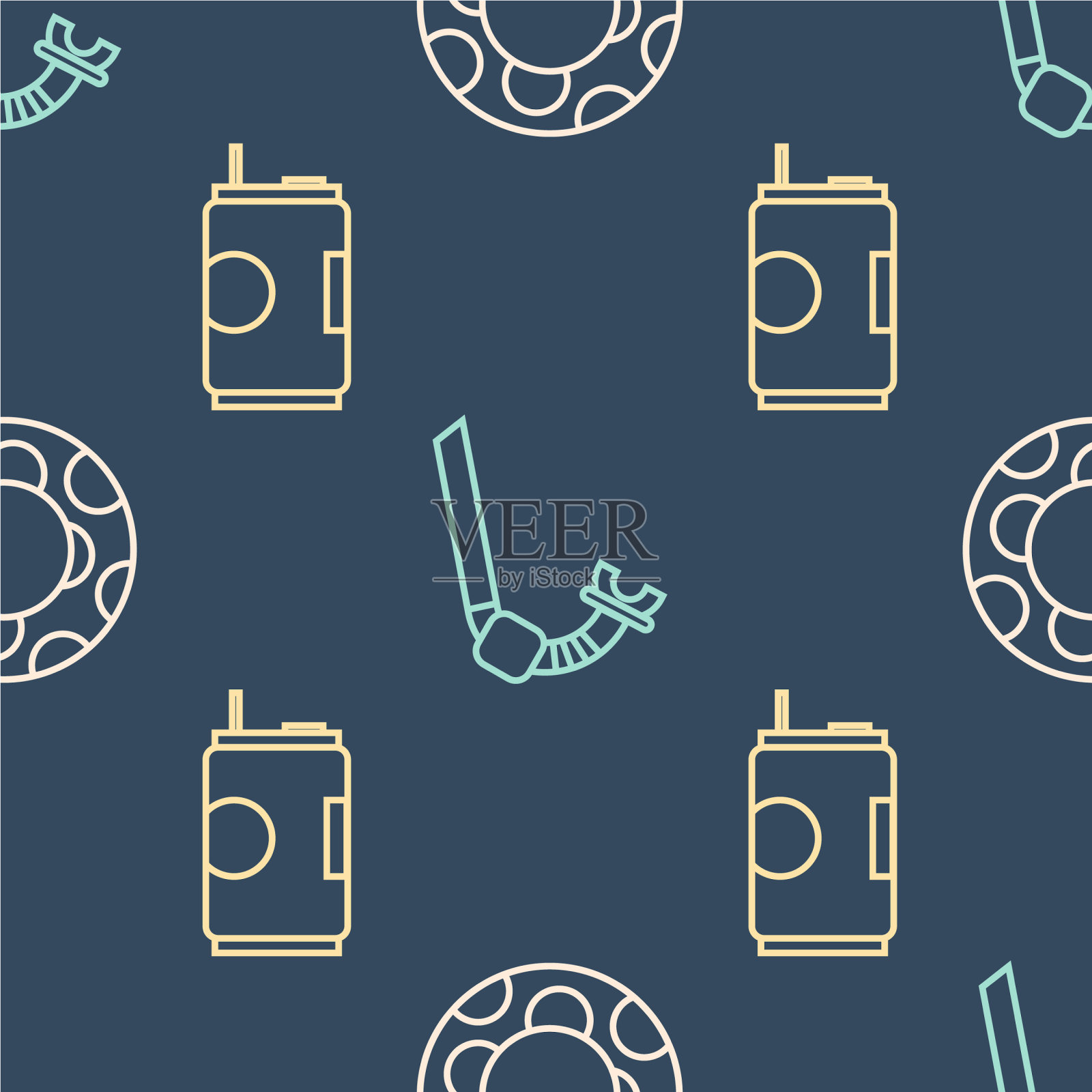 设有汽水罐和游泳圈橡胶套线图标素材