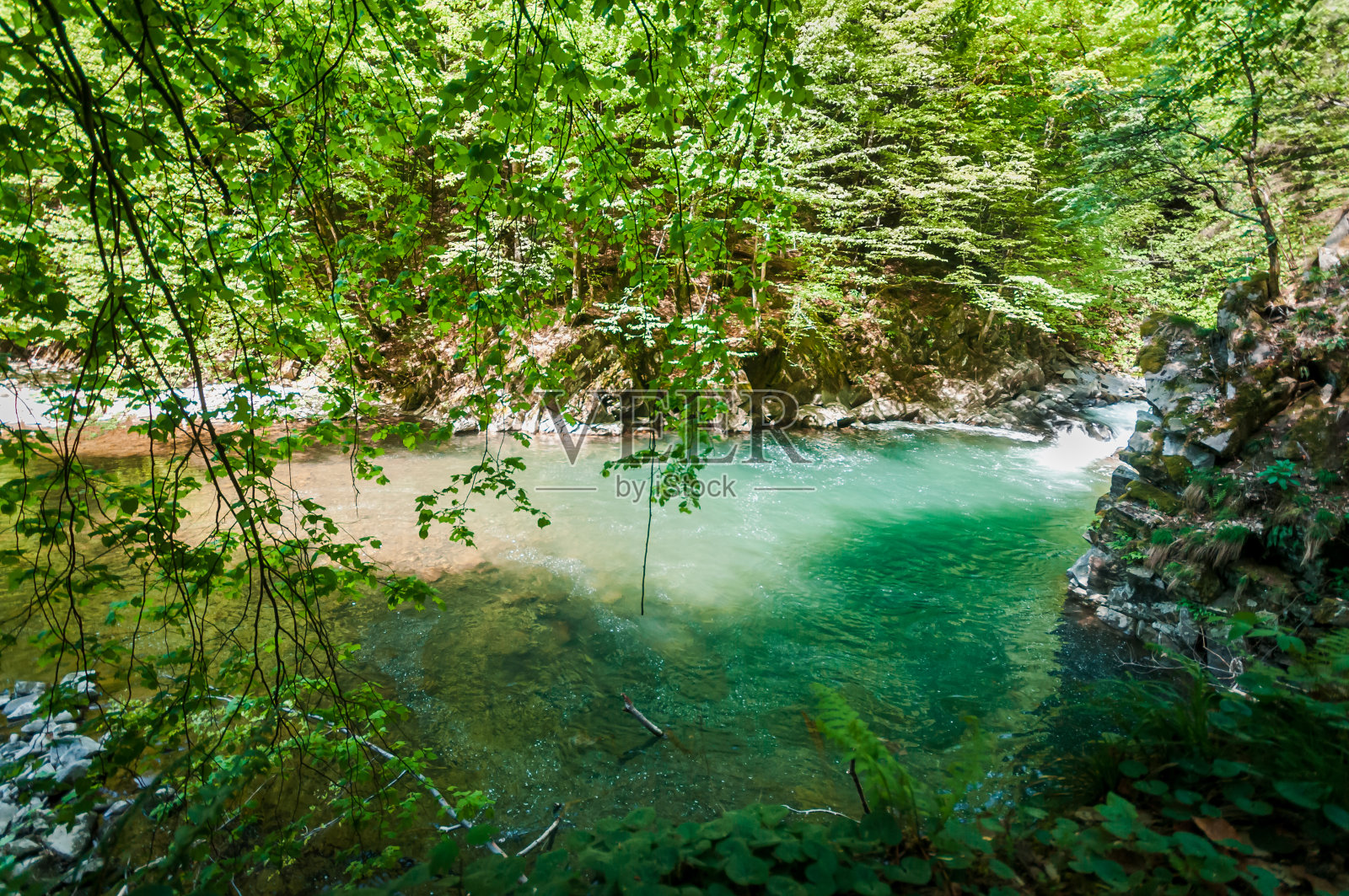 蓝泻湖，山间河流在岩石林中照片摄影图片