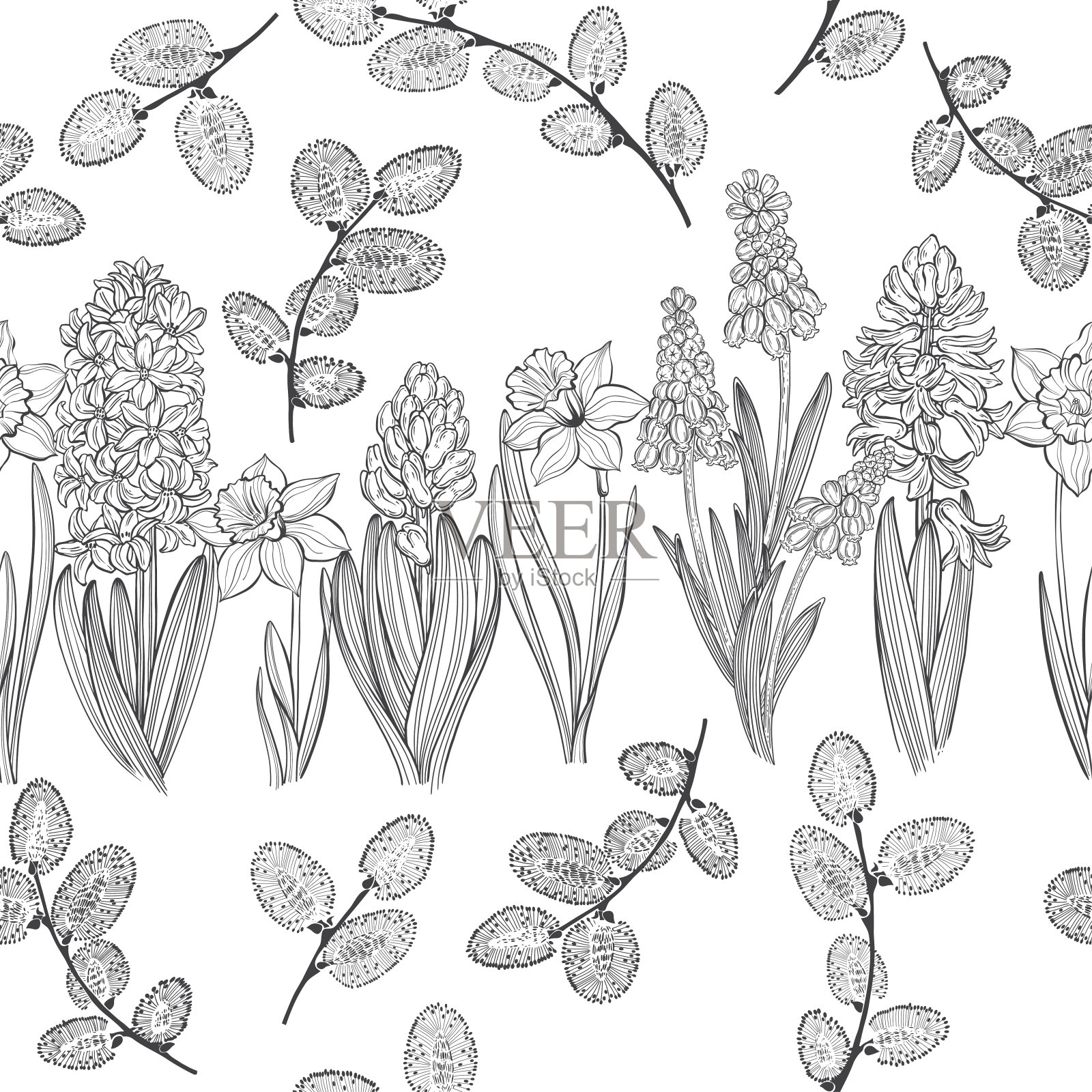 第一个春天的花朵。无缝矢量模式与风信子，水仙花，蝇和猫咪柳枝上白色。完美的设计模板，墙纸，包装，织物和纺织品。插画图片素材