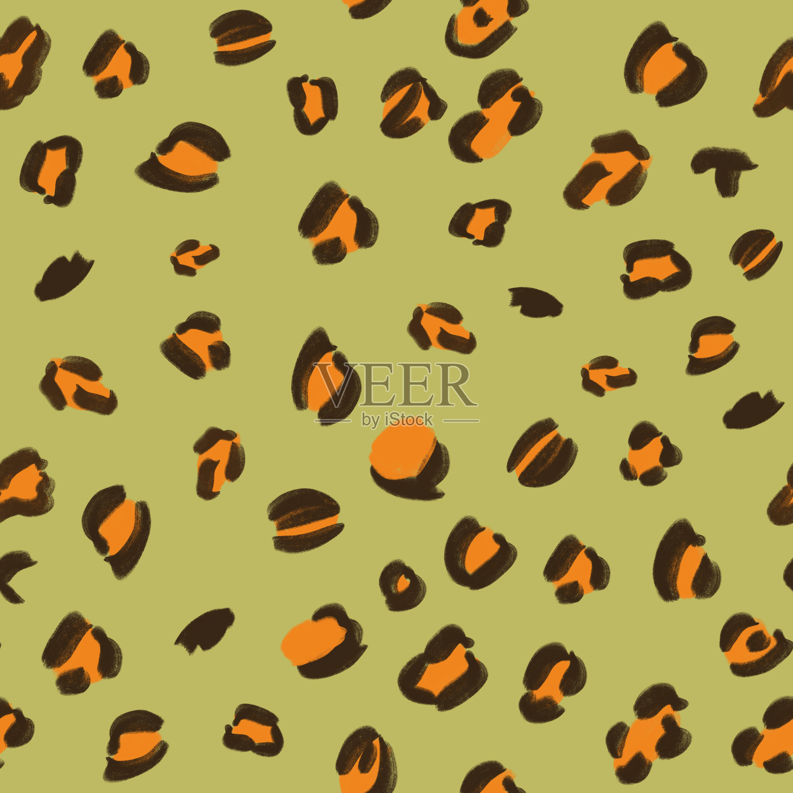 手绘棕色和橙色动物，斑纹无缝图案上黄色开心果背景。印刷，包装，护照，文具，封面，壁纸设计。插画图片素材