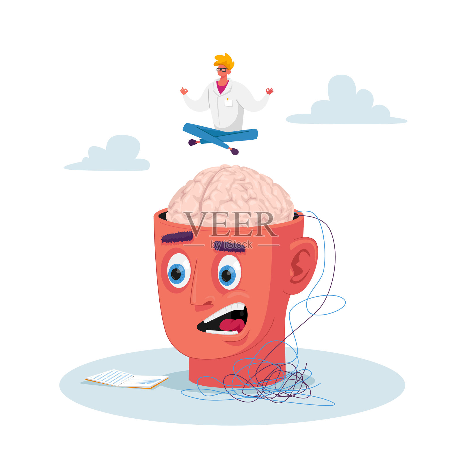 精神科医生小人物莲花坐姿插画图片素材