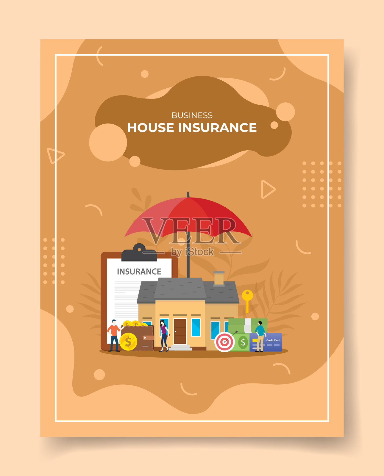 经营房屋保险的人围绕房屋伞合同政策保险目标钱信用卡钥匙钱包模板横幅，传单，书籍封面，杂志与液体形状风格设计模板素材