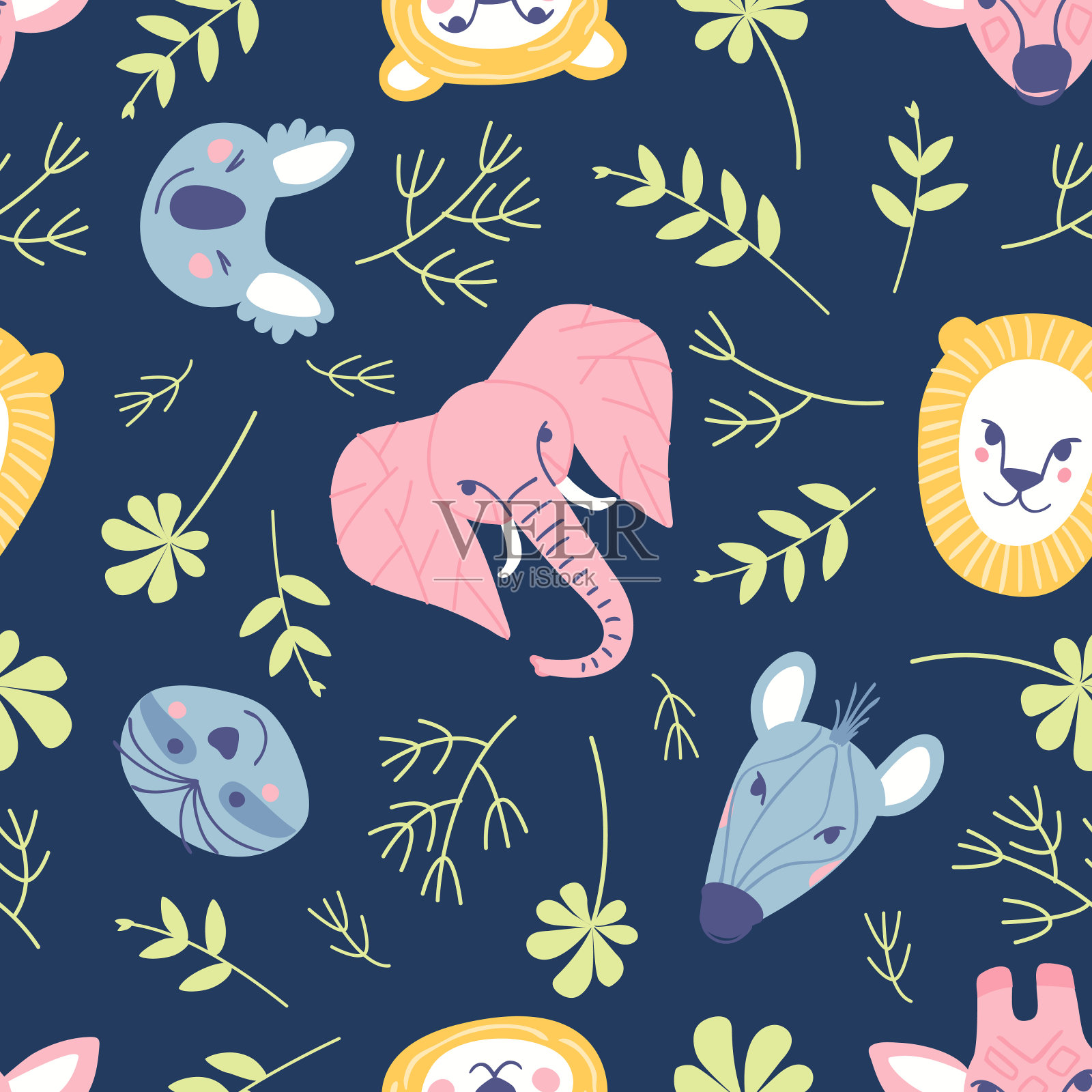 简单的动物肖像无缝图案-树懒，考拉，狮子，大象，长颈鹿，老虎，斑马插画图片素材