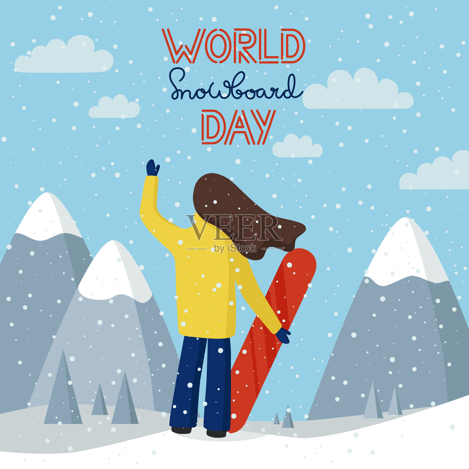 一个年轻女子在一个霜冻的日子里在雪山上滑雪。插画图片素材