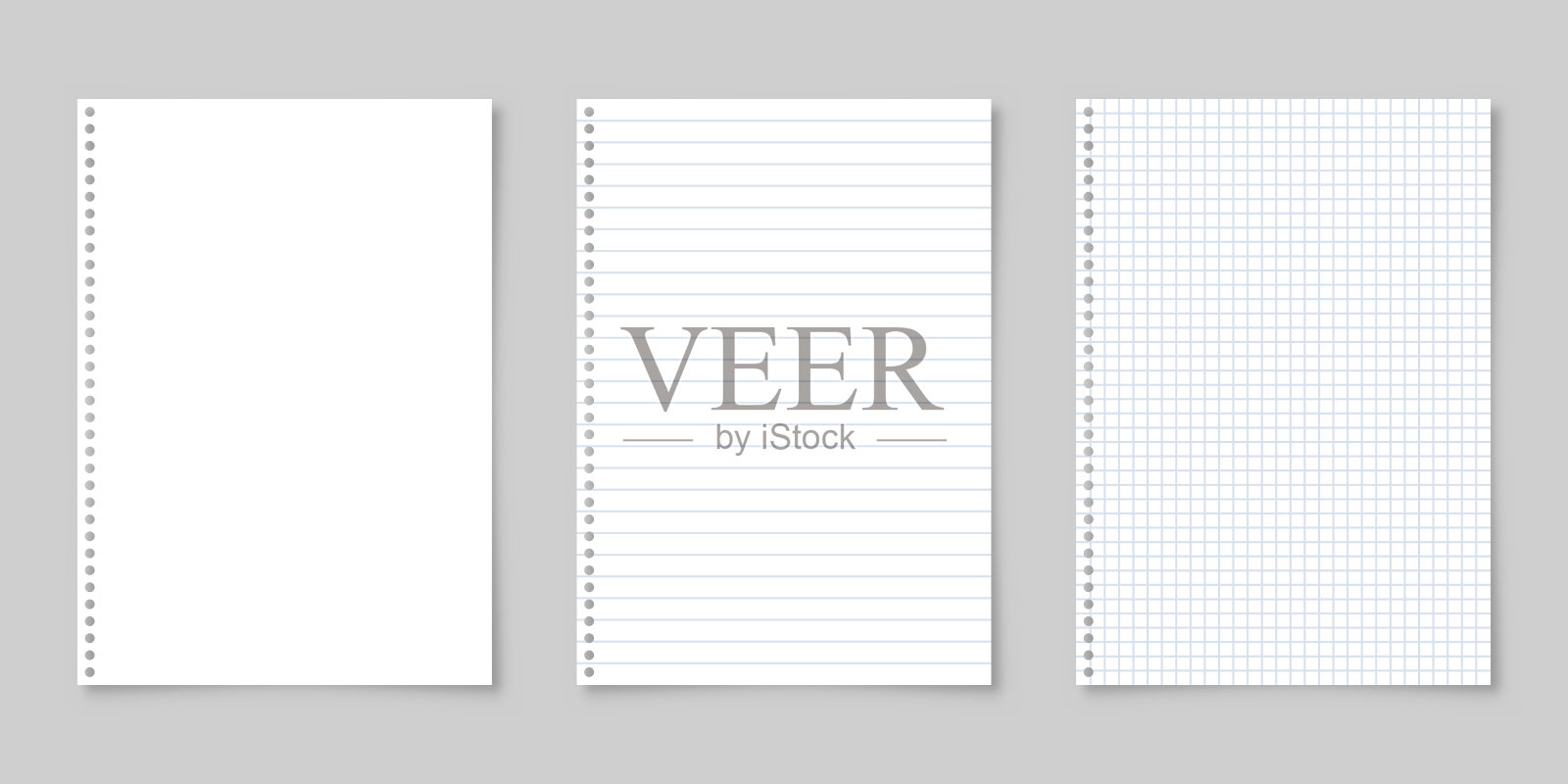 现实的空白衬里纸单与阴影在A4格式隔离在灰色背景收集。笔记本或书页。设计模板或模型。矢量图插画图片素材
