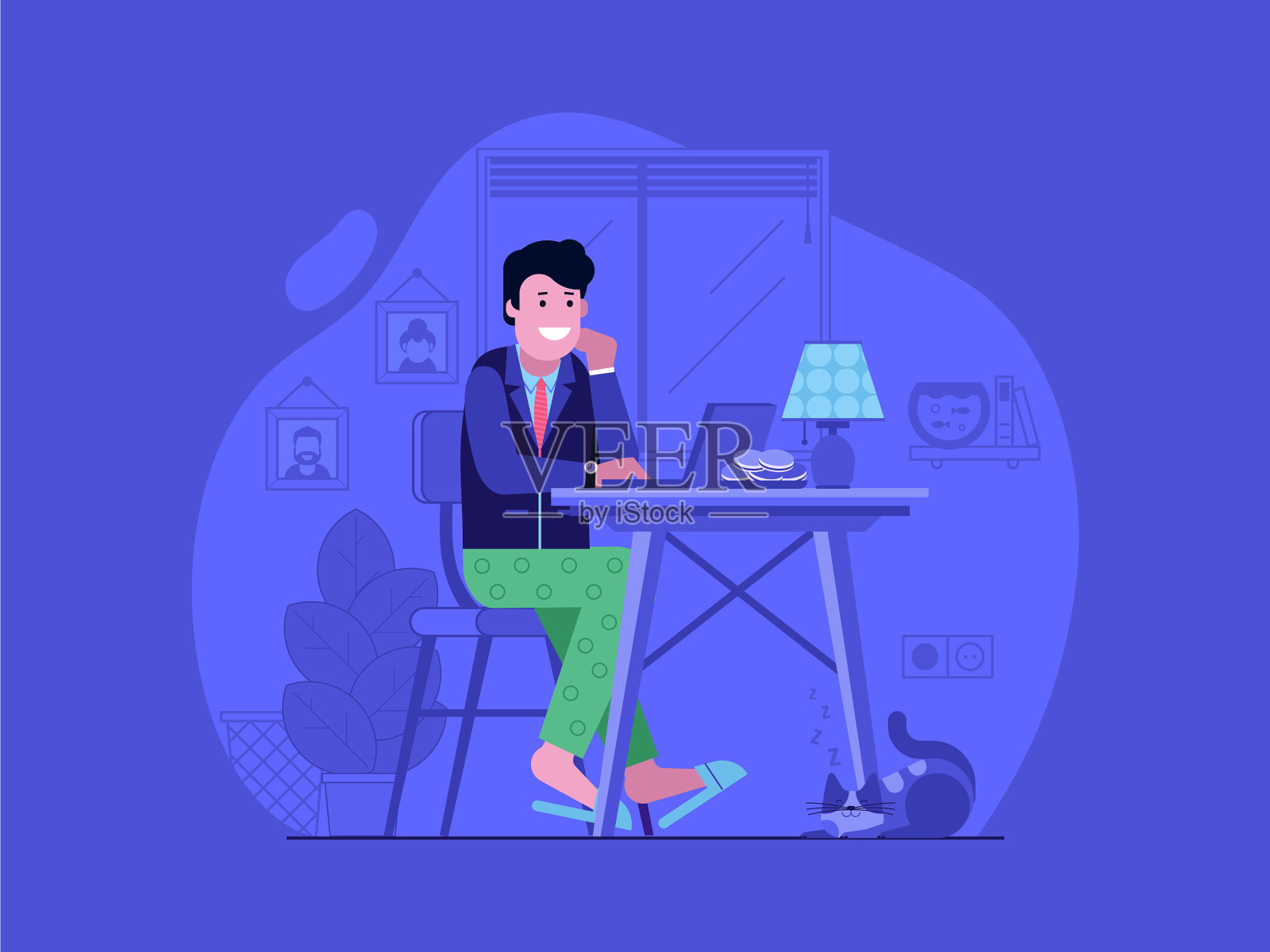 自由职业者在家工作的平面设计概念插画图片素材