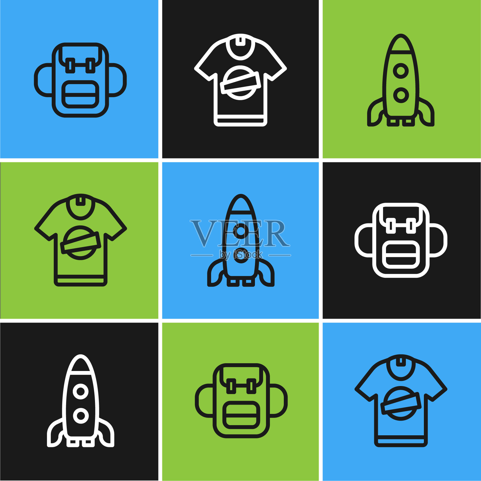 Set line学校背包，火箭船和t恤图标。向量插画图片素材