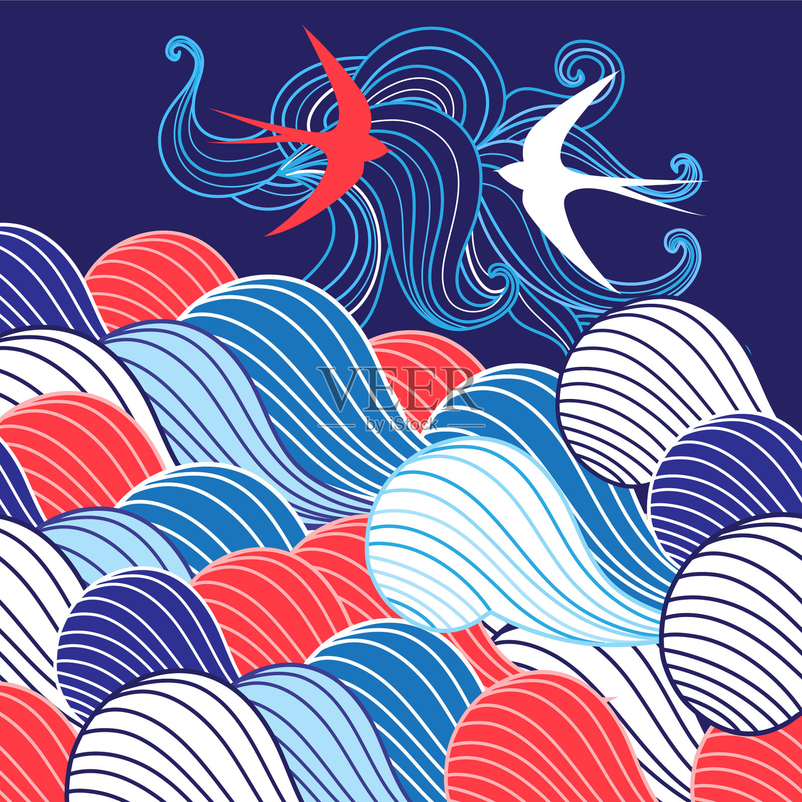 带有波浪和燕子的抽象背景插画图片素材