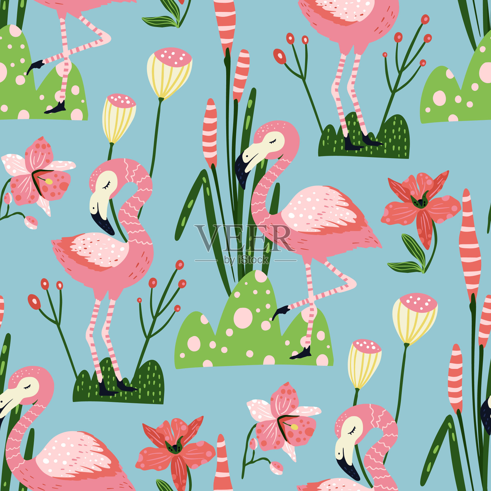 火烈鸟无缝夏日图案插画图片素材