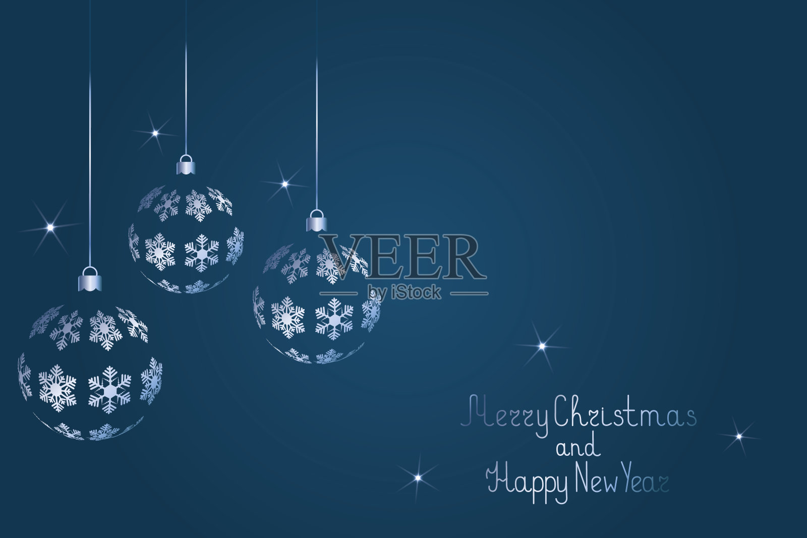 一套圣诞玩具。蓝宝石雪花点缀。玻璃球。节日的明信片。字体和亮片。圣诞快乐，恭贺新禧。彩色矢量插图。孤立的青色背景。圣诞装饰品是用绳子挂起来的。精致的装饰。插画图片素材