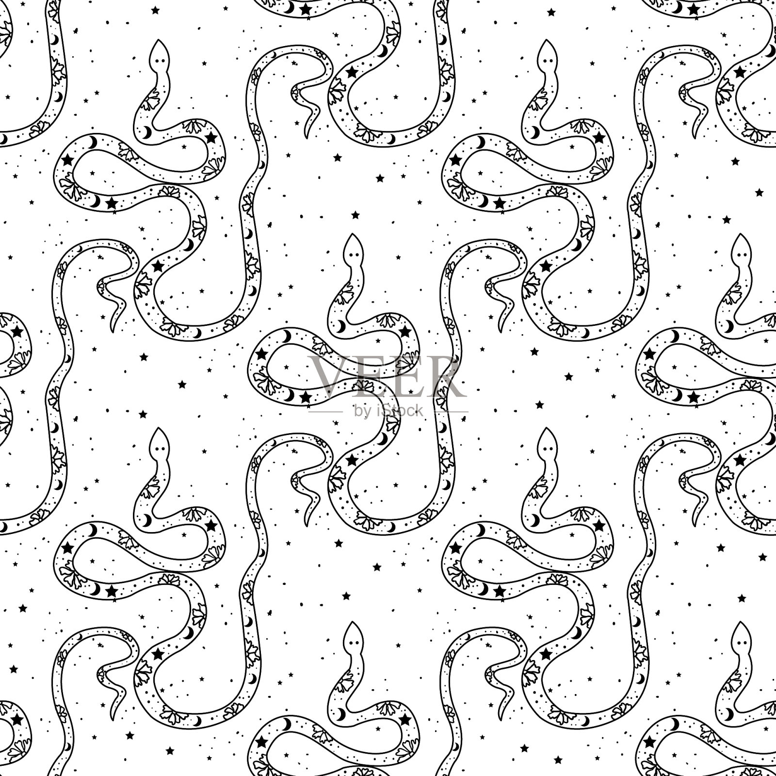 无缝图案神秘蛇与月亮插画图片素材