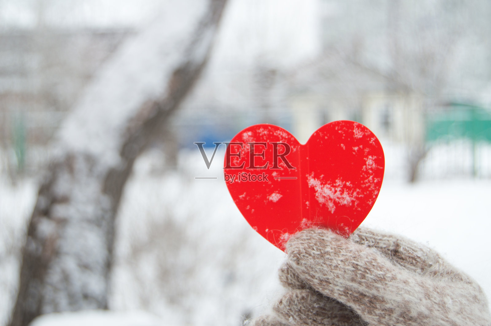 一个女人的手在编织的温暖的手套里握着一个红色的心，在一个城市公园模糊的背景，雪，冬天，情人节的概念，特写照片摄影图片
