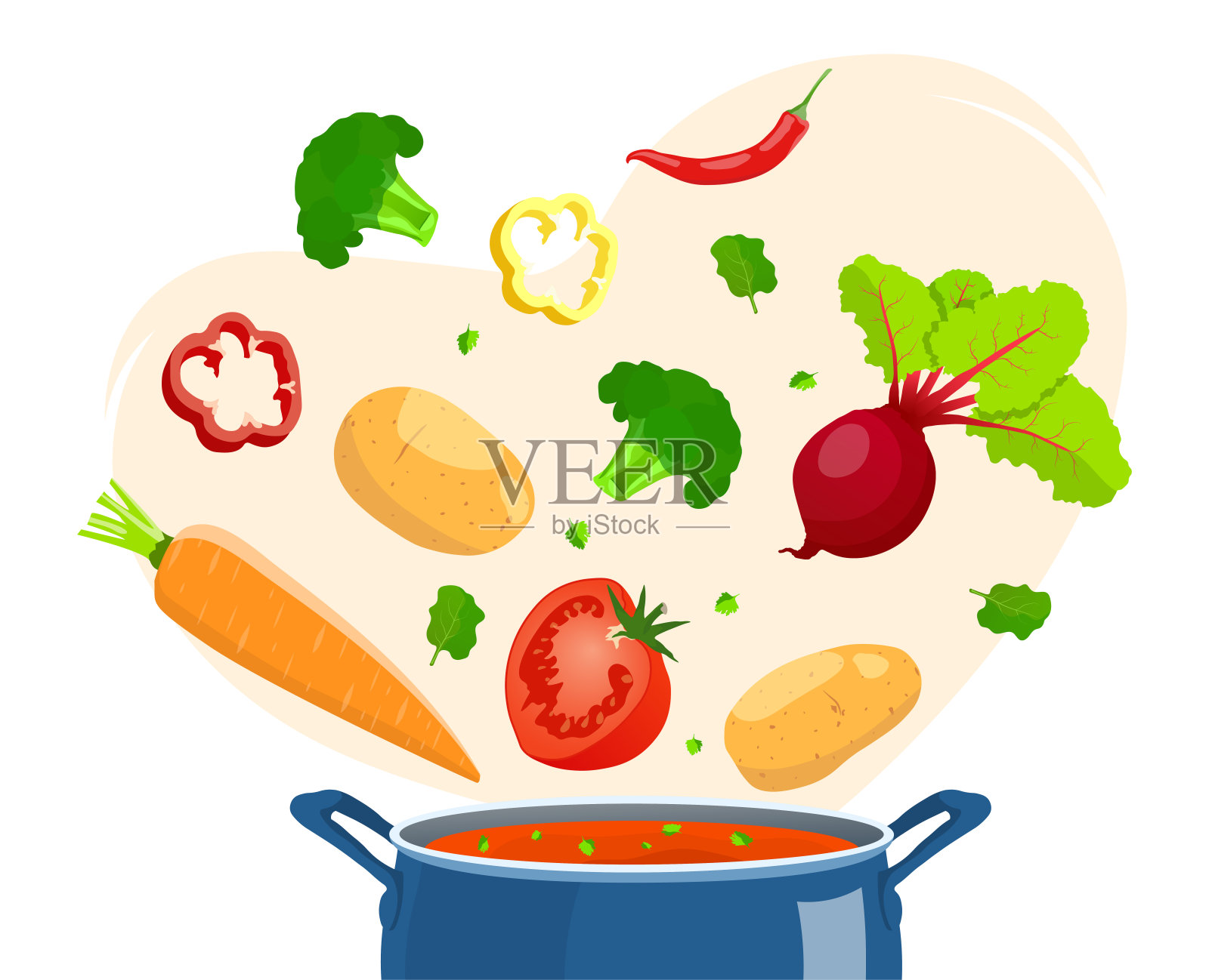 锅里的汤和蔬菜飞来飞去。食谱，自制食物，食物准备概念。插画图片素材
