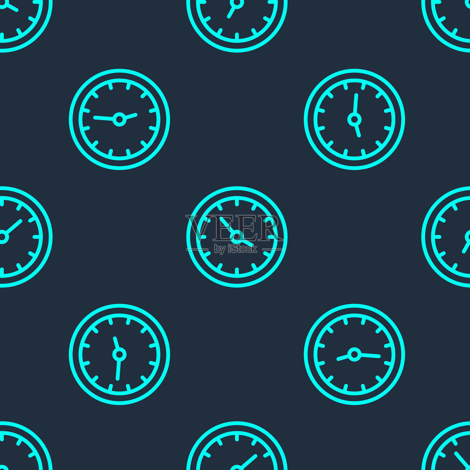 绿线火车站时钟图标隔离无缝模式在蓝色背景。向量插画图片素材