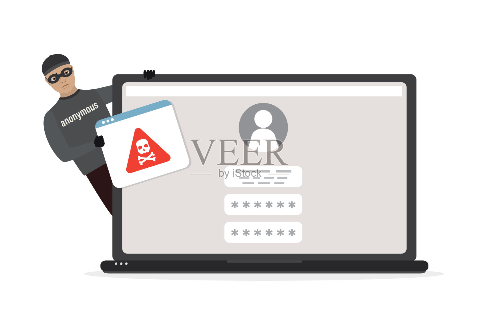 卡通男黑客蒙面在笔记本电脑上安装恶意软件。垃圾邮件，在线病毒攻击。笔记本电脑没有杀毒。匿名与垃圾邮件。插画图片素材