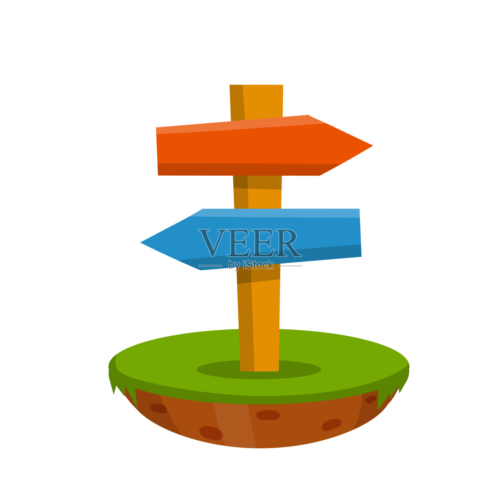 蓝色和红色板的路径指针。方向的方法。绿色的草。元素的道路。路由信息索引。卡通平面插图。板板在绿草平台上。设计元素图片