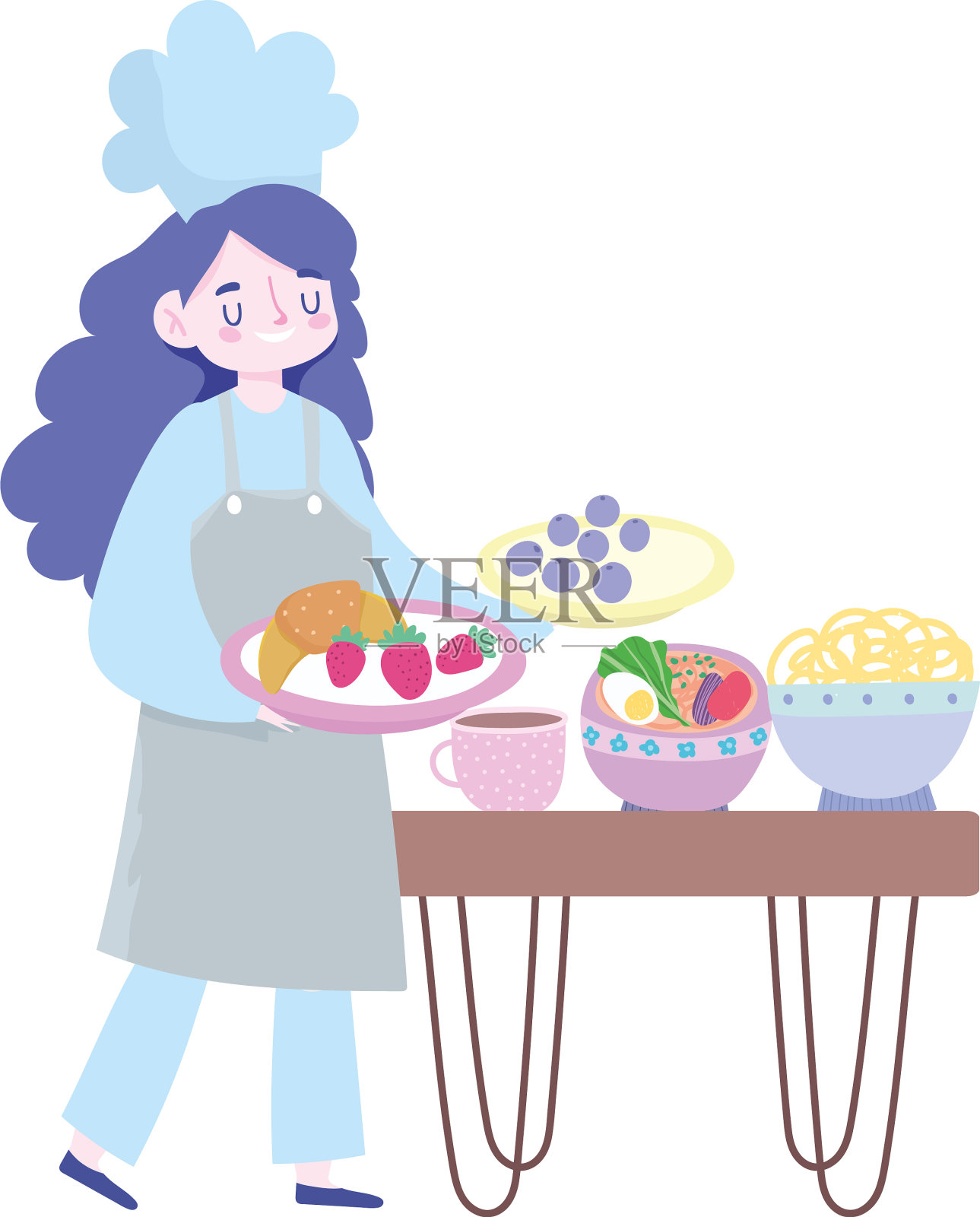 待在家里的女厨师有不同的食物设计元素图片