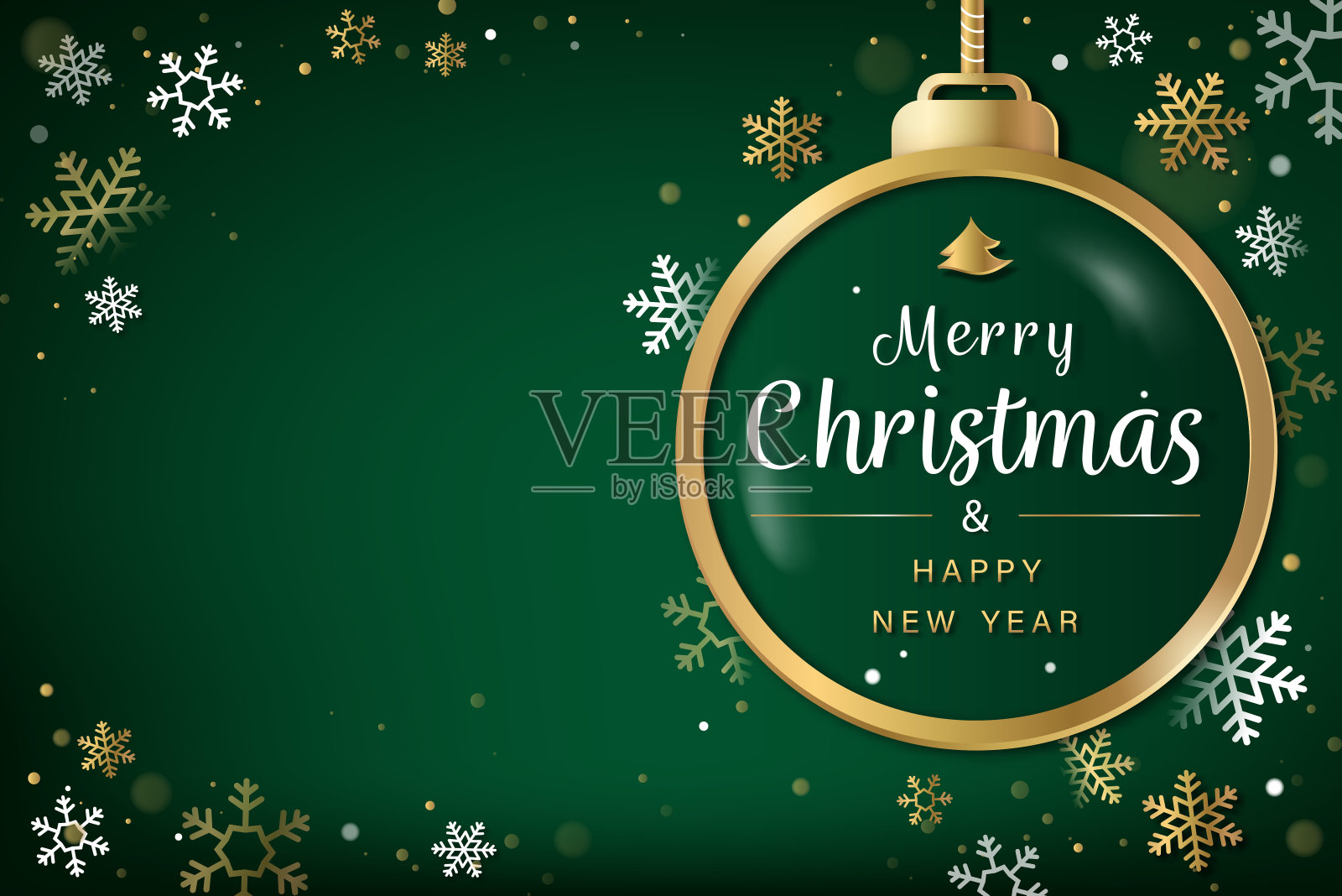圣诞快乐，新年快乐，绿色背景雪花，小装饰品和拷贝空间设计模板素材