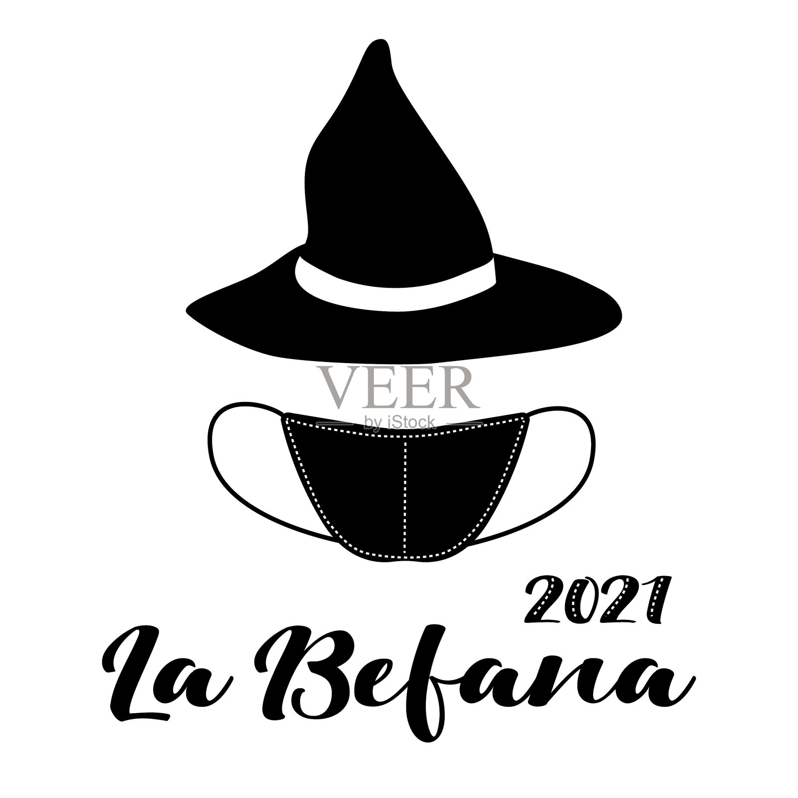 矢量插图的幽灵旧帽子和黑色医疗面具。意大利圣诞人物-女巫。2019冠状病毒肺炎大流行期间，2021年意大利贝法纳日主显节的讽刺贺卡。插画图片素材