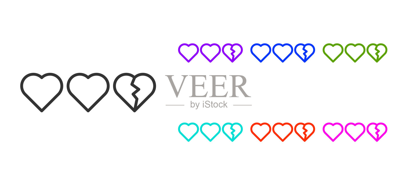 黑线红心的游戏图标孤立在白色背景。设置彩色图标。向量插画图片素材