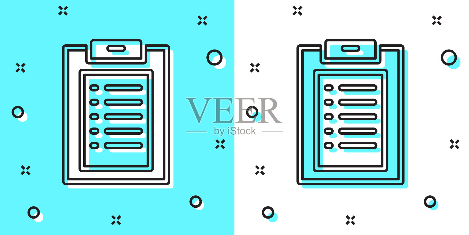 黑线医疗剪贴板，在绿色和白色背景上隔离了临床记录图标。医疗保险形式。处方，体检记录报告随机动态形状。向量插画图片素材