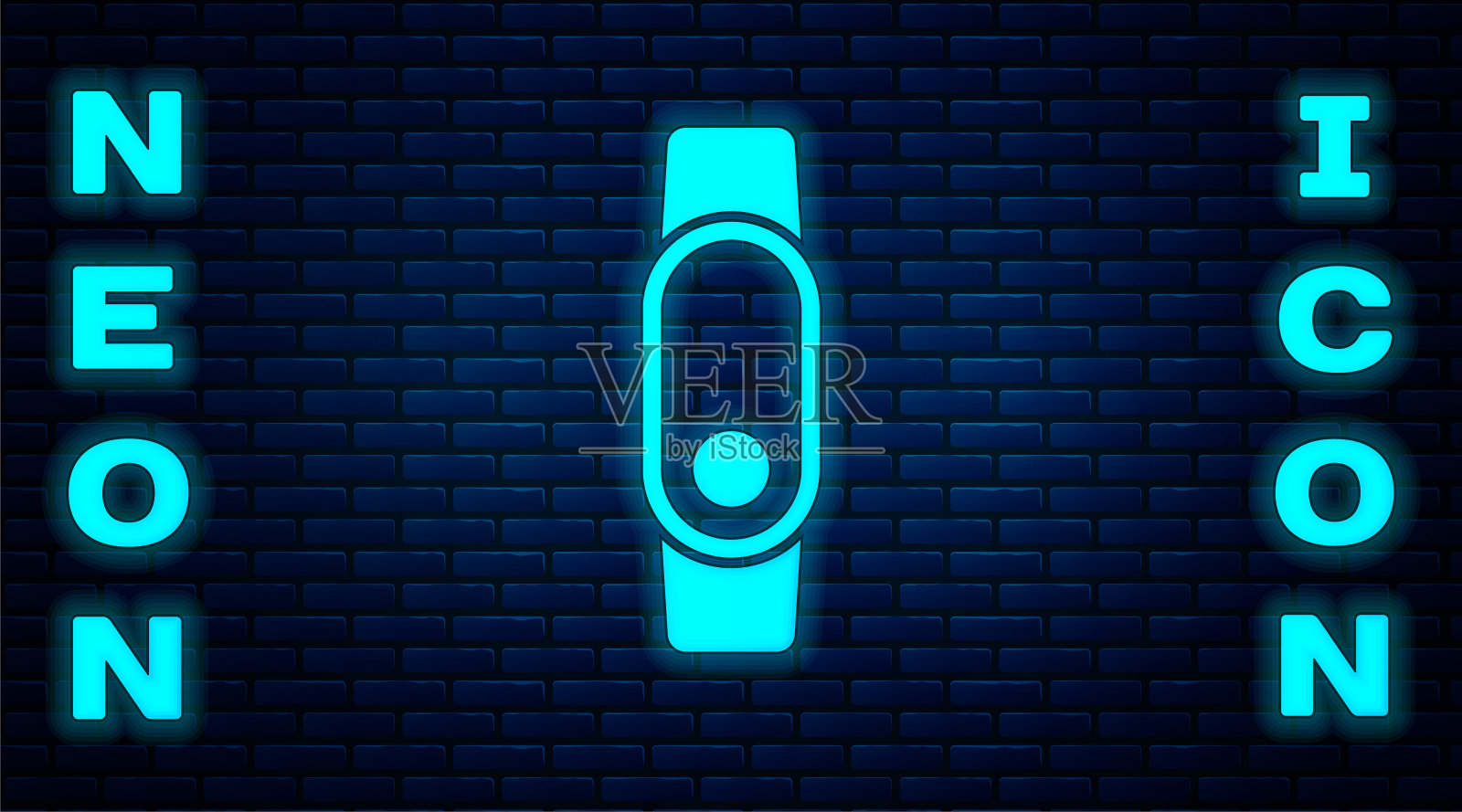 发光的霓虹灯智能手表图标孤立在砖墙的背景。向量插画图片素材