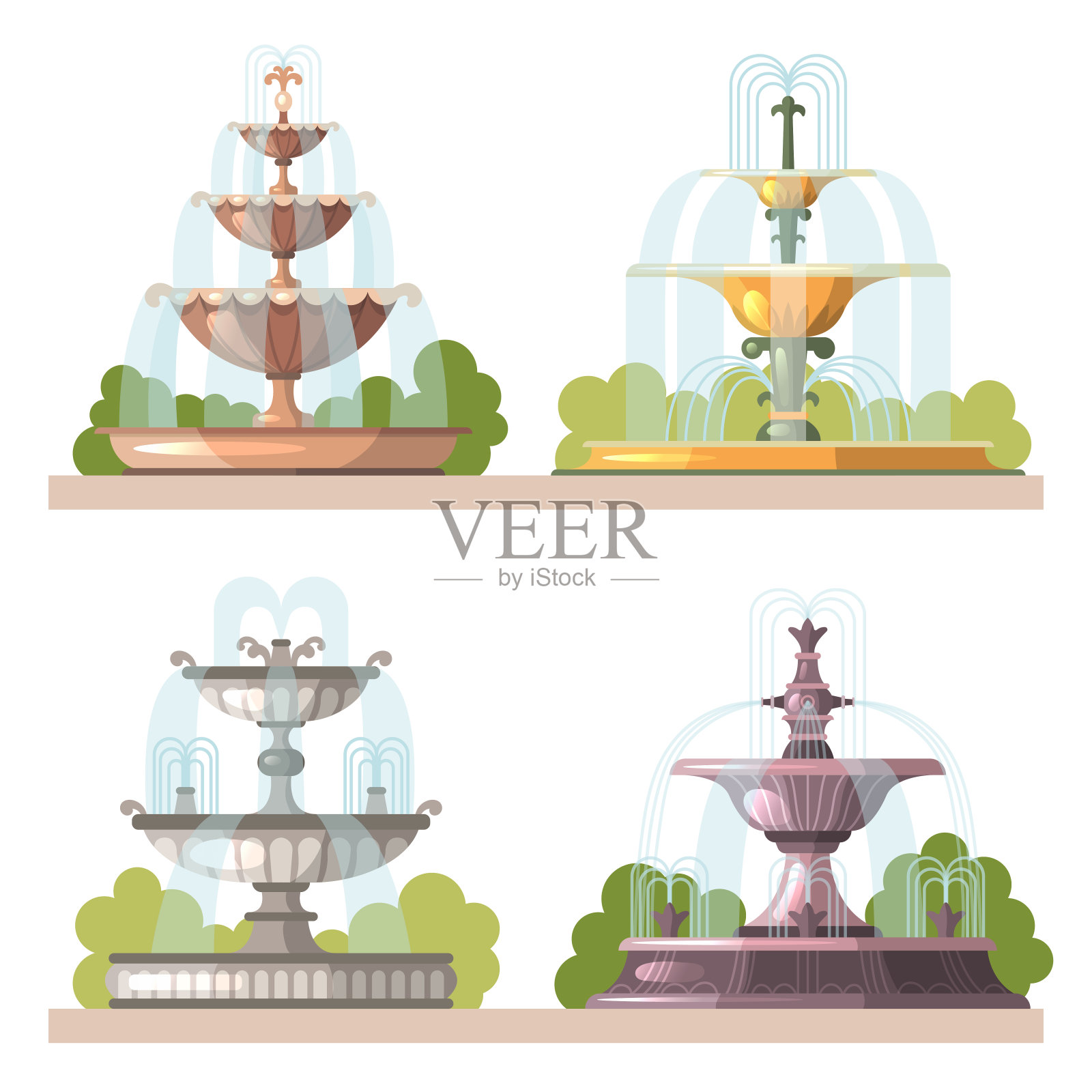 喷泉。水美园林装饰建筑户外公园矢量卡通插图插画图片素材
