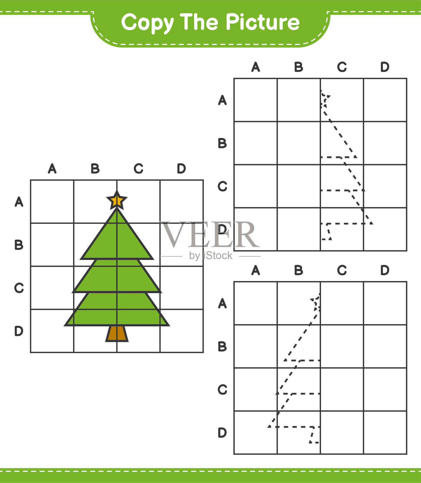 复制图片，用网格线复制圣诞树的图片。教育儿童游戏，可打印的工作表，矢量插图插画图片素材