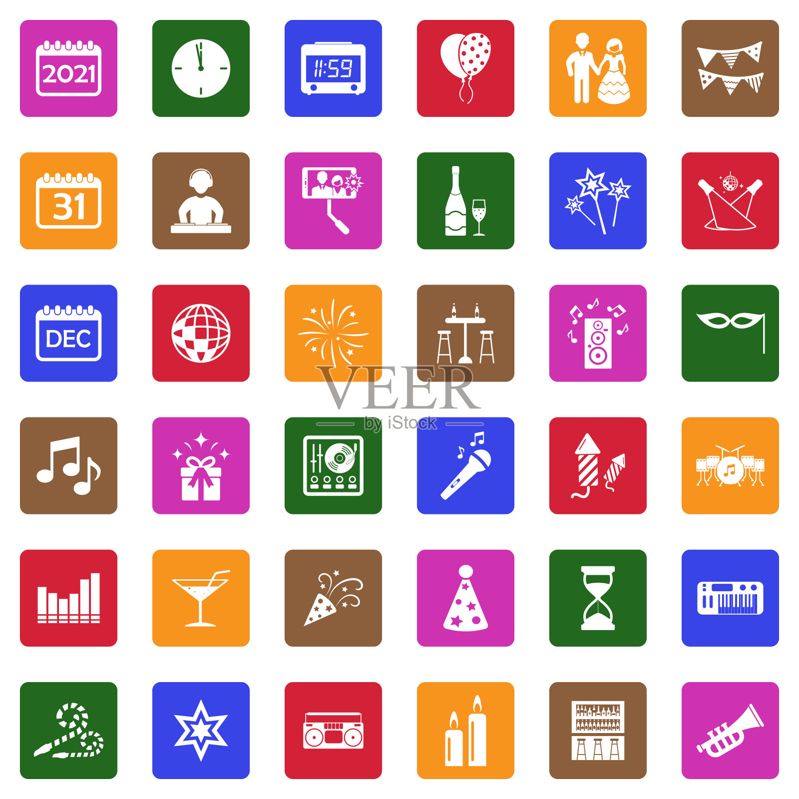 新年图标。方形的白色平面设计。矢量插图。图标素材