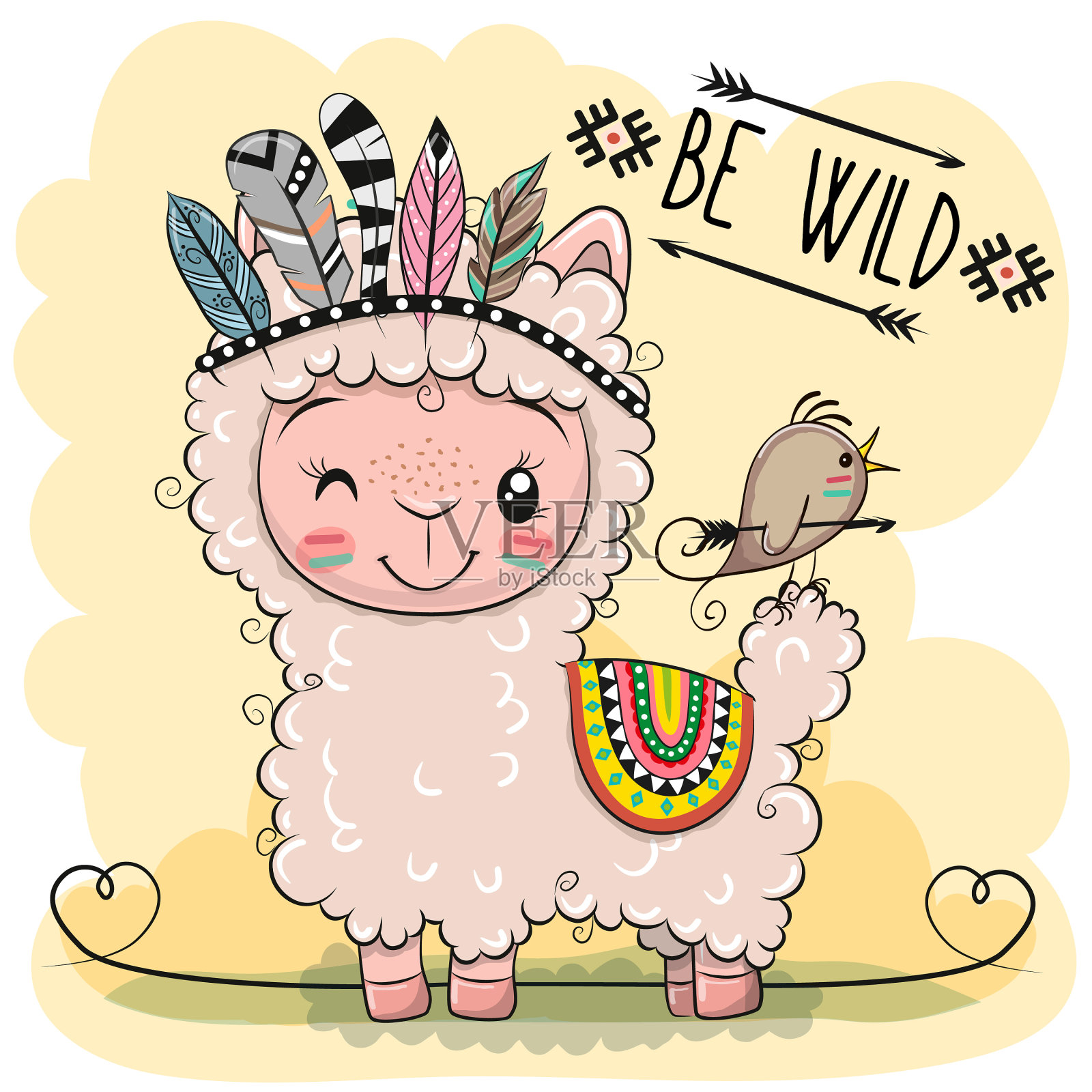 蓝色背景上有羽毛的卡通羊驼插画图片素材