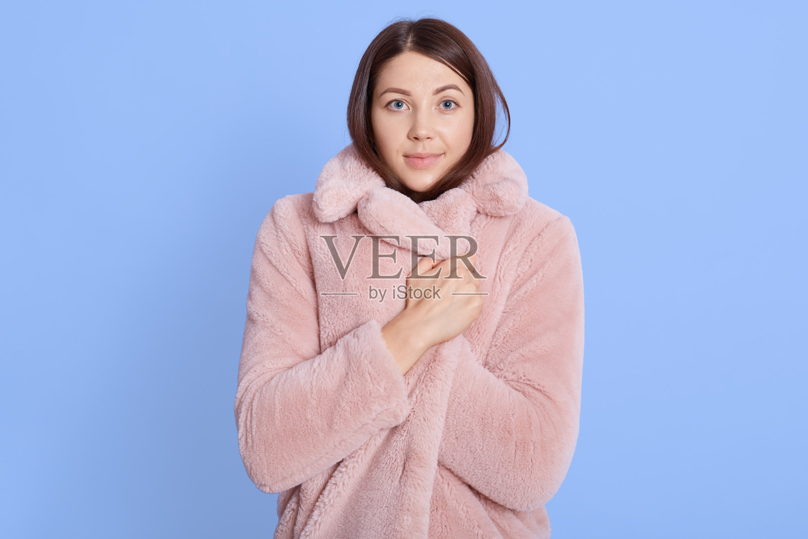 冻年轻的棕色头发的女子摆姿势孤立在蓝色背景，肖像，包裹自己在淡粉色毛皮大衣，需要热身，直视镜头。照片摄影图片