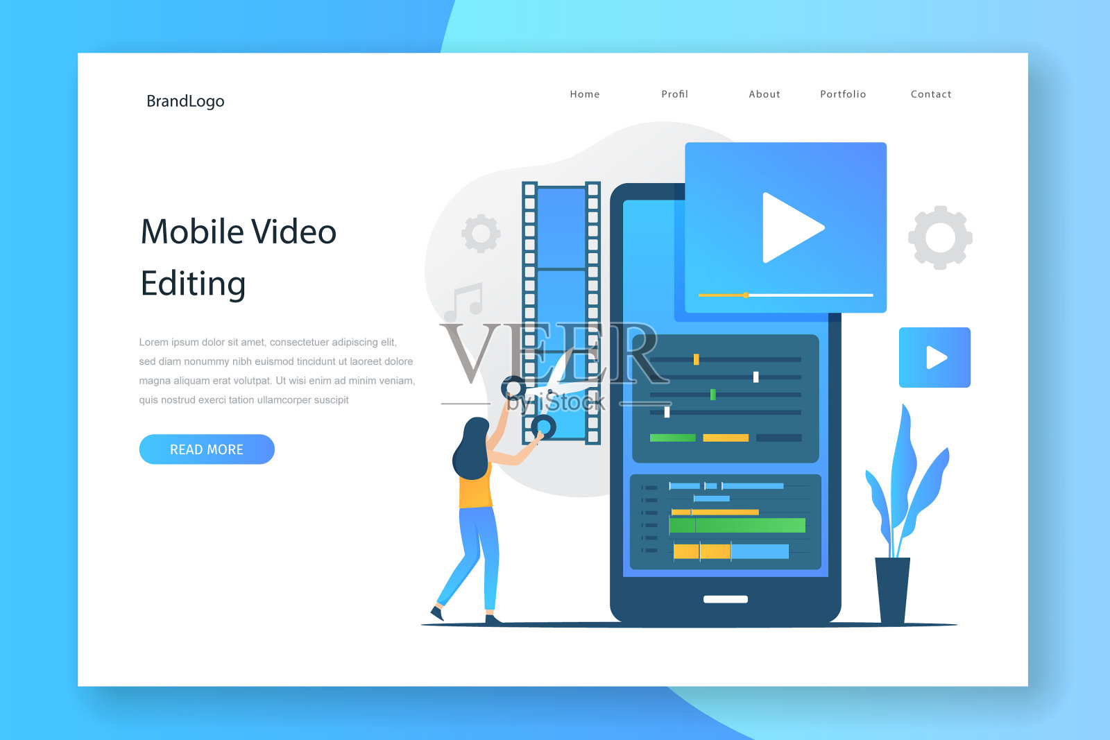 移动视频编辑登陆页面模板插画图片素材