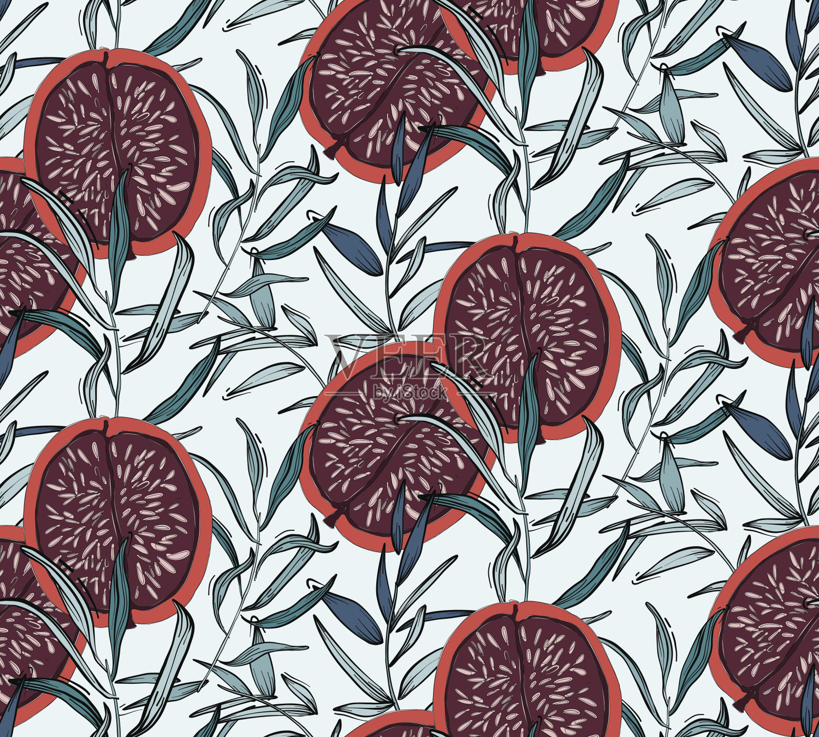 花卉图案，叶子和红石榴无花果背景。无缝图案，时尚质感，非洲图案。海滩异国风情夏季系列，新潮丛林设计。热带雨林度假艺术插画图片素材