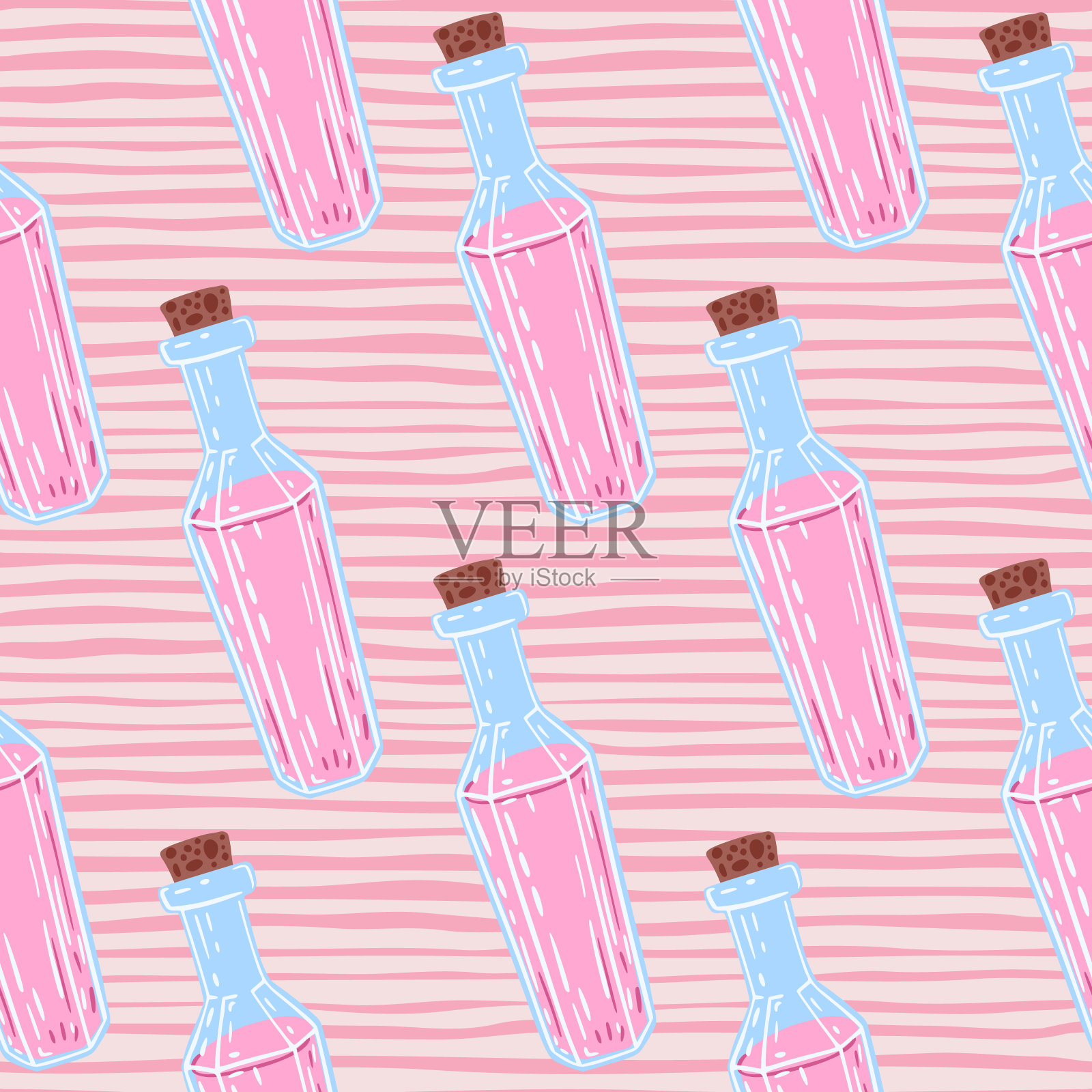 粉红色液体在蓝色瓶子无缝模式。条纹粉色backround。解药神奇的背景。插画图片素材