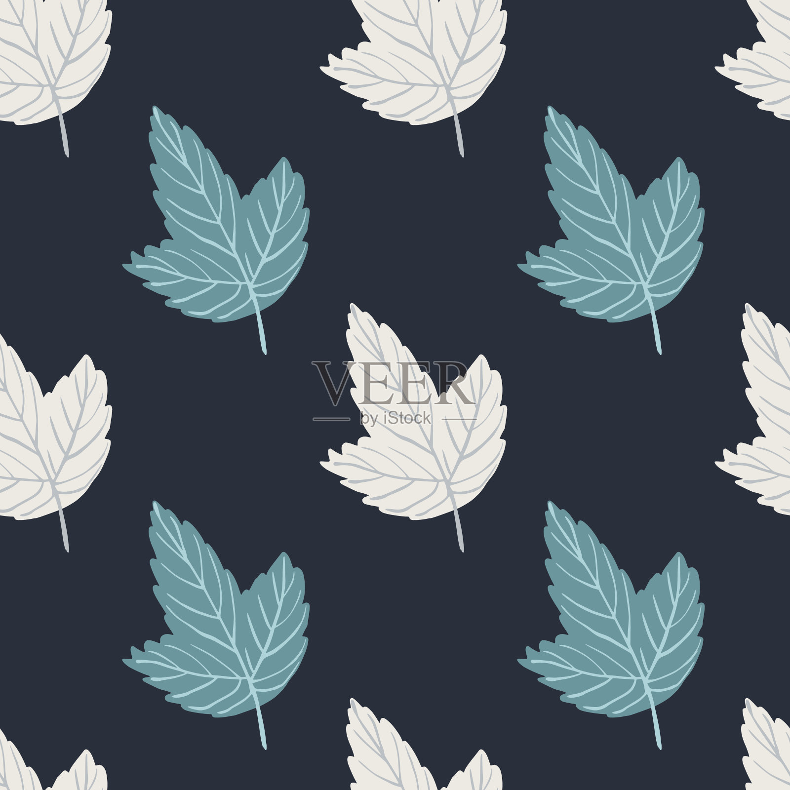 抽象简单的无缝图案与蓝白色轮廓叶。海军蓝，暗色背景。插画图片素材