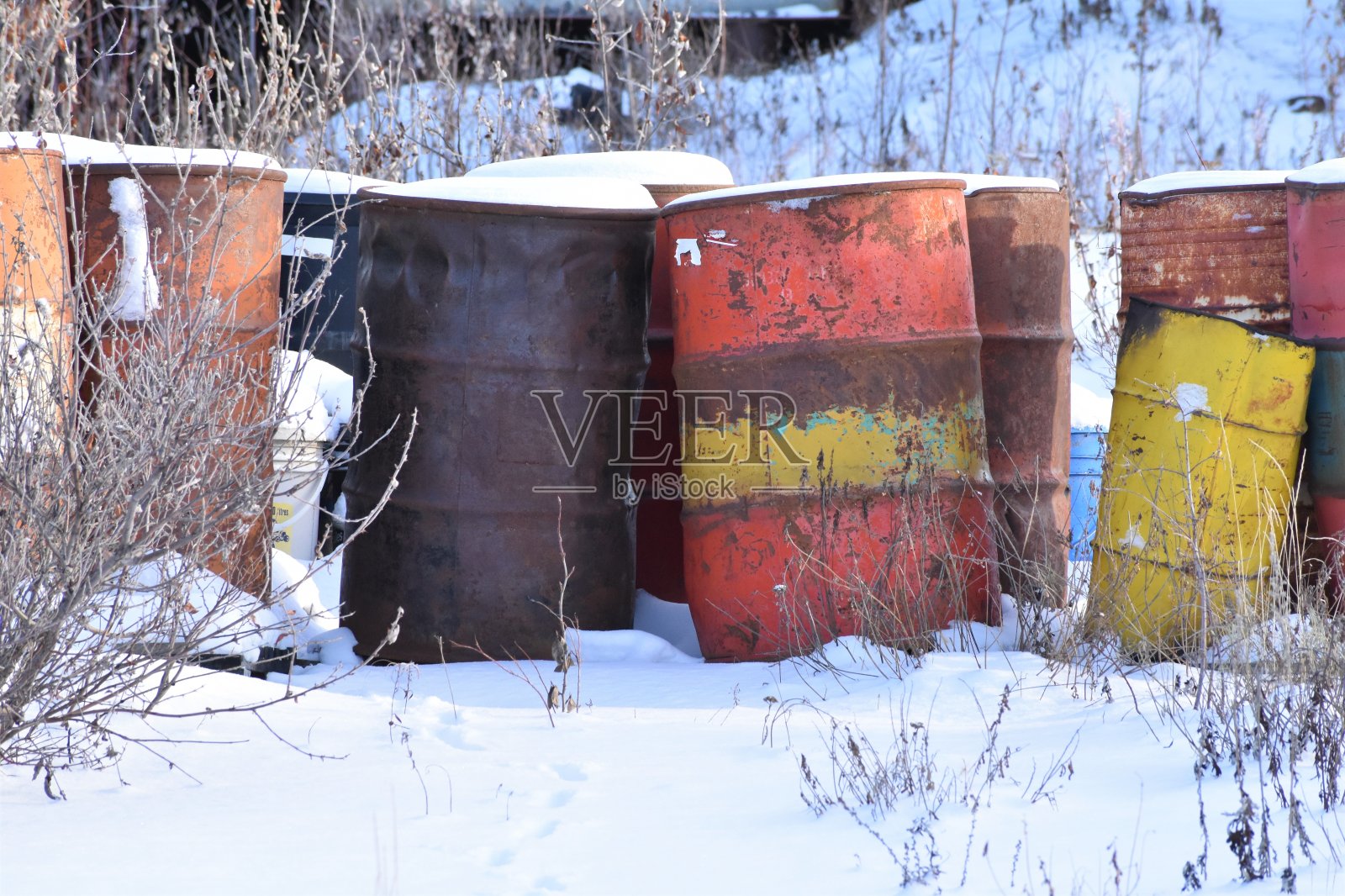 雪地里五颜六色的风化钢桶。照片摄影图片