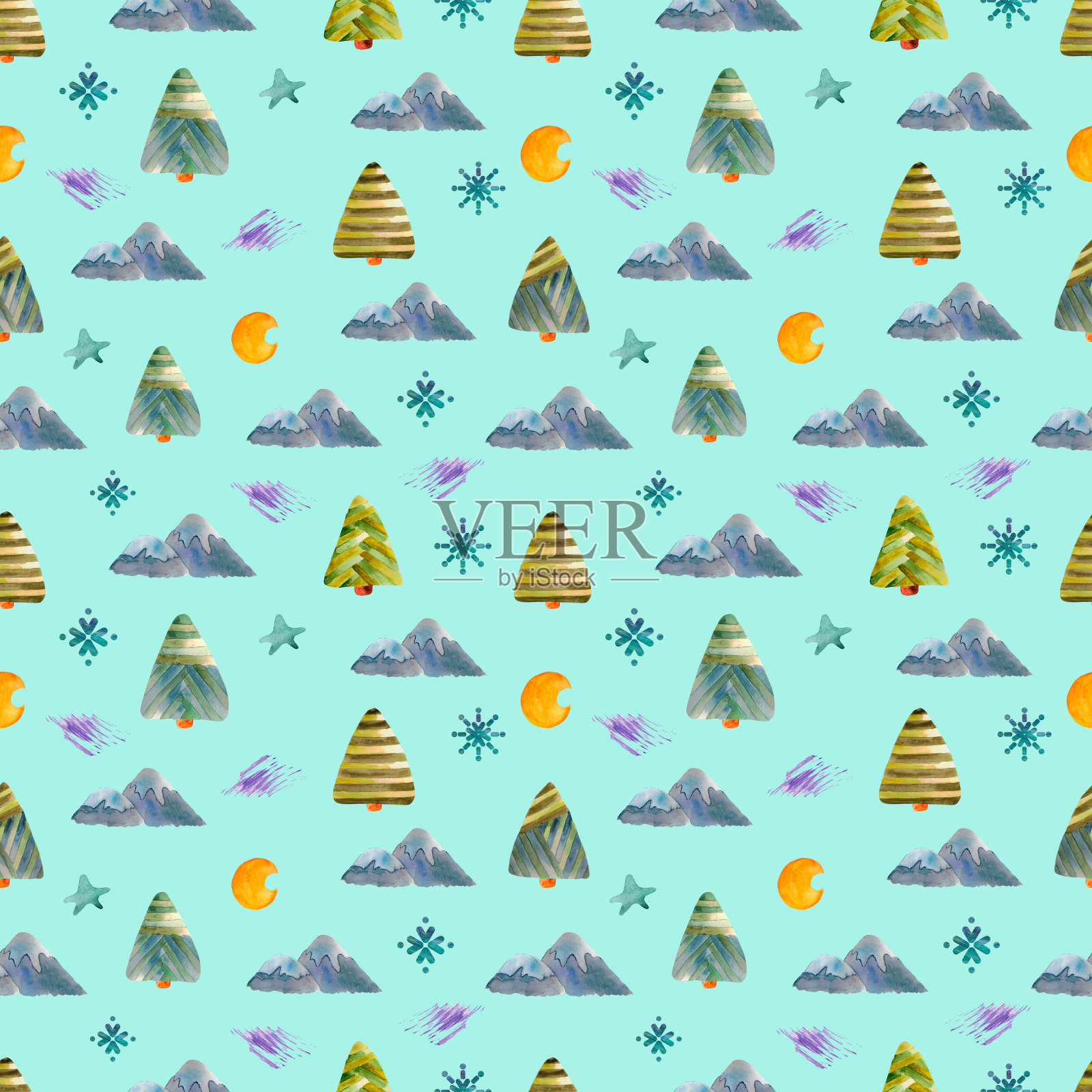 无缝水彩图案的圣诞树，山，月牙插画图片素材
